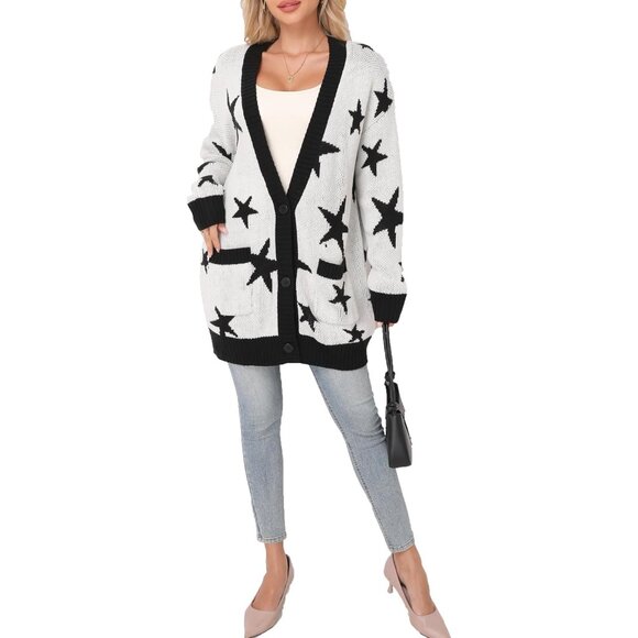 Women's Acrylic V-Neck Long Sleeve Bow Jacquard Knit Sweater Open Cardigan - Picture 5 of 6